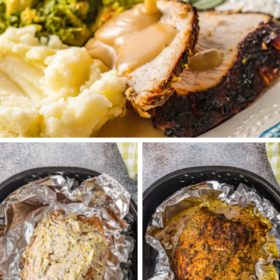 Turkey breast sliced on a plate with gravy being drizzled on top and two images of a turkey breast in an air fryer before and after cooking.