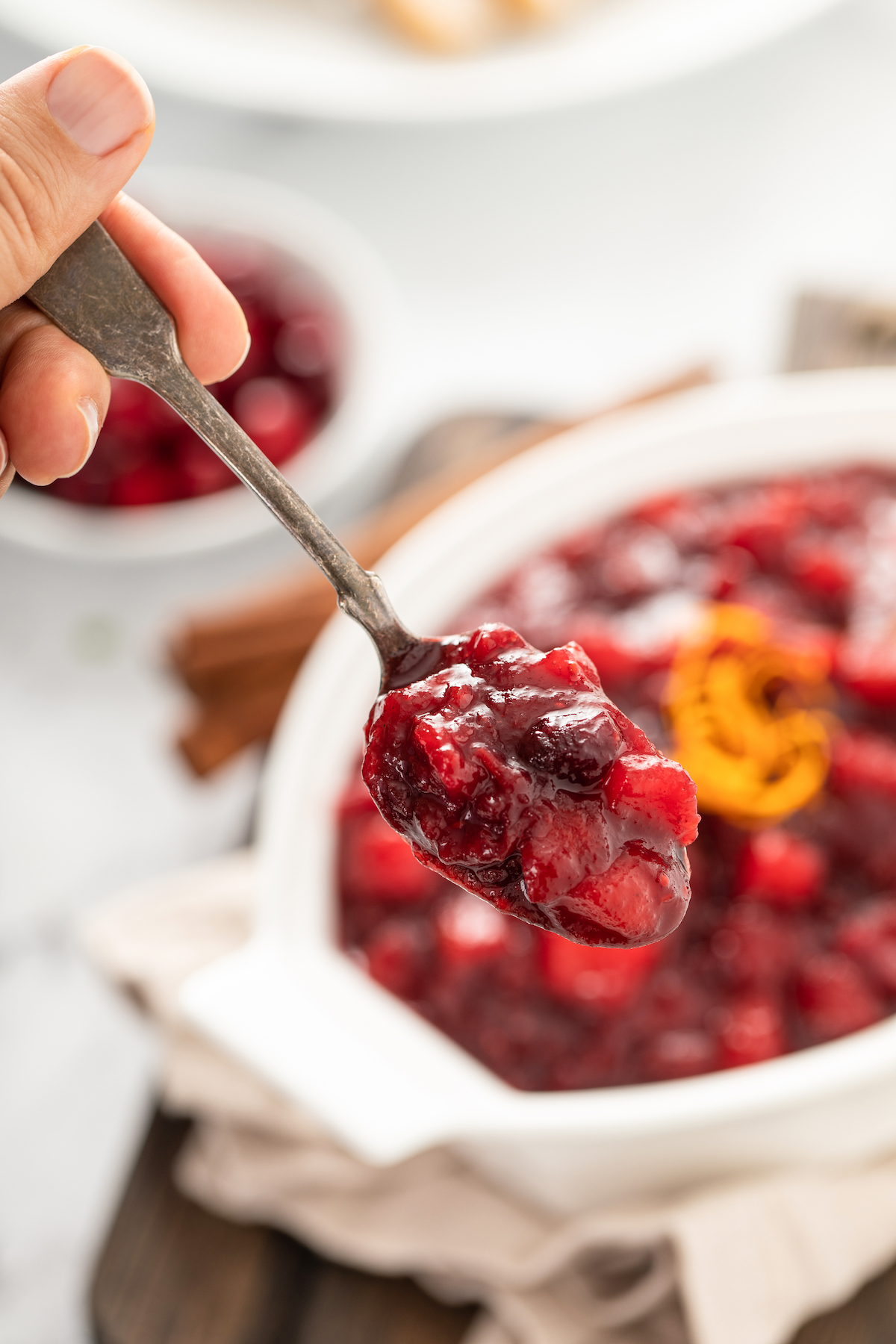 A close-up shot of the cranberry sauce mixture in a serving spoon.