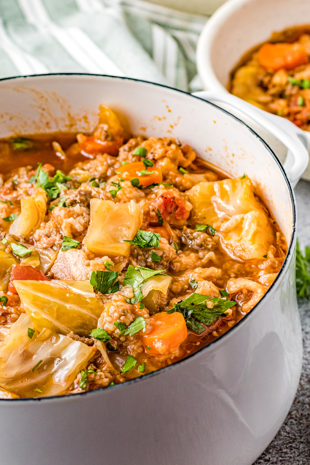 An angled shot of a white enamel soup pot filled with cabbage roll soup, and garnished with fresh herbs. A bowl of soup is int he background of the photo, along with a striped cloth napkin.