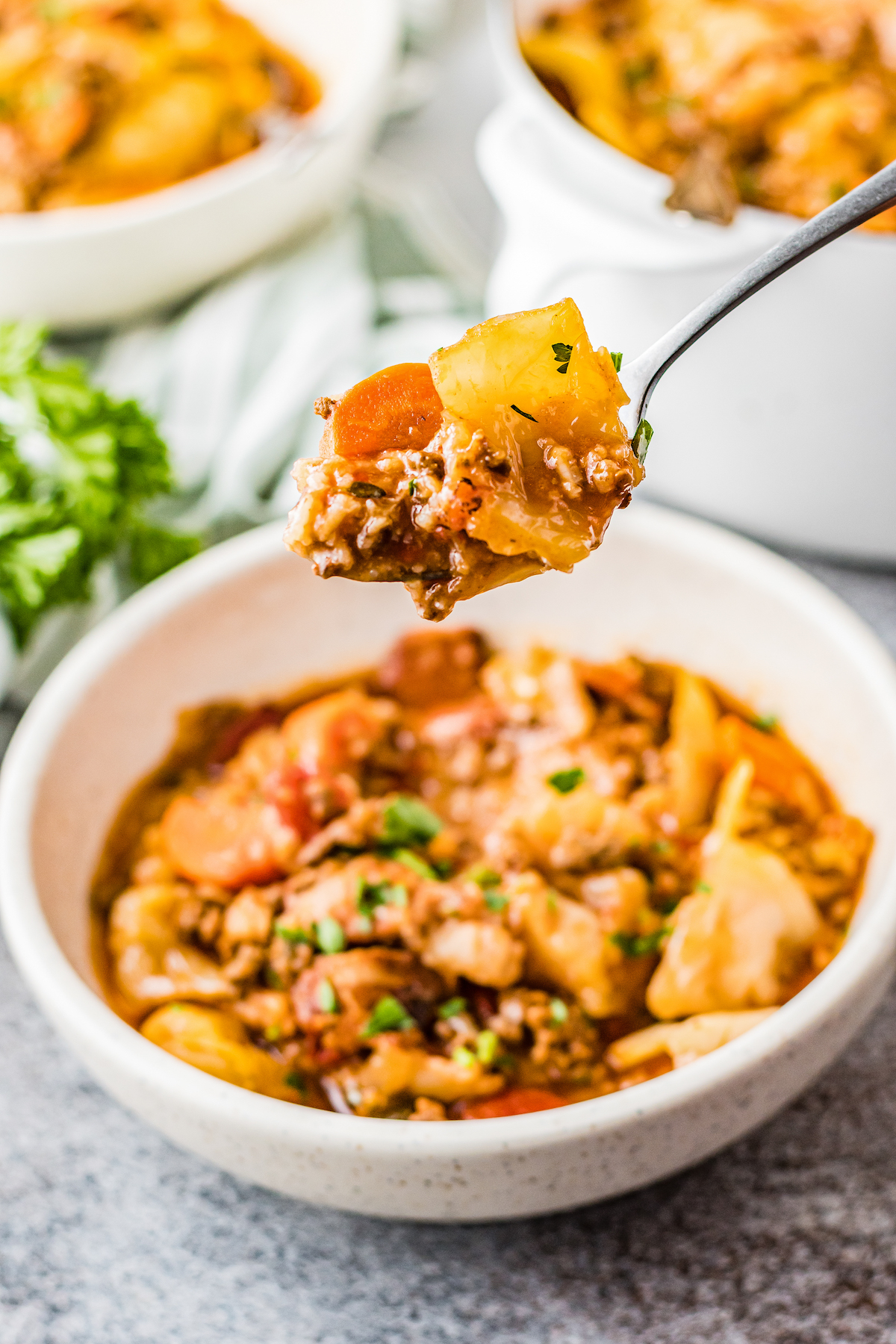 A white ceramic bowl of cabbage roll soup, with a spoon lifting out a bite-sized amount of the soup. In the background is a white enamel soup pot, another bowl of soup, and a bunch of fresh herbs.