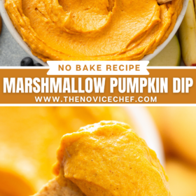Up close image of pumpkin dip with two graham crackers dipped in it and an image of pumpkin dip on a graham cracker.