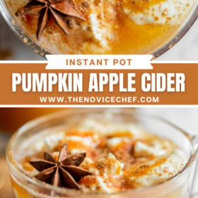 Up close image of top of a glass with whip cream, cinnamon and a star anise on top and an image of pumpkin apple cider in a glass mug with whip cream.