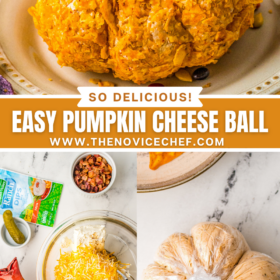 Collage image showing a cheeseball being shaped into a pumpkin and am image of the pumpkin cheese ball on a plate.