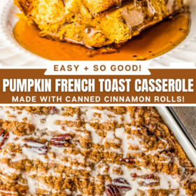 A slice of pumpkin French toast casserole on a white plate with syrup poured on top and an overhead image of pumpkin French toast casserole with pecans and vanilla glaze drizzled on top.
