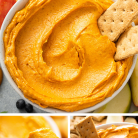 Up close image of pumpkin dip with two graham crackers dipped in it, an image of a graham cracker with pumpkin pie dip on it and an image of pumpkin dip in a white bowl with graham crackers.