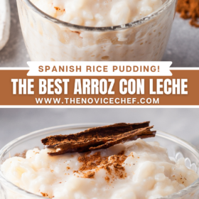 Up close image of arroz Con Leche in a glass jar with cinnamon on top.