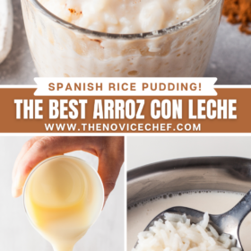 Collage image: Arroz Con Leche in a glass bowl, sweetened condensed milk being poured into a sauce pan and a spoonful of rice.