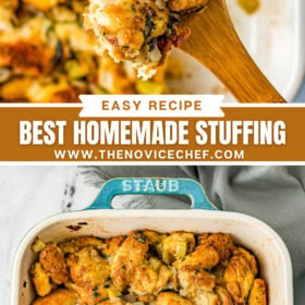 A spoonful of stuffing on a wooden spoon and a casserole dish filled with homemade stuffing.