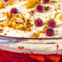 A close-up shot of the cranberry jello salad, garnished with chopped walnuts and sugared cranberries.