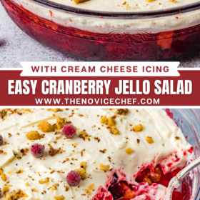 Cranberry jello salad in a glass bowl with cream cheese frosting on top and cranberry jello salad with some removed to show the layers.