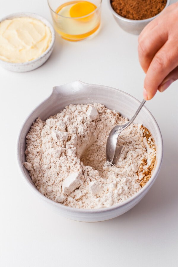 Flour mixed with spices and other dry ingredients in a bowl. A hand is holding a spoon to stir the mixture.
