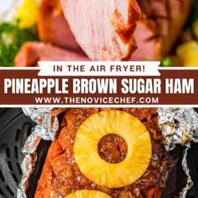 A slice of ham on a fork and a ham with pineapples on top of it in an air fryer.