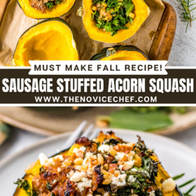 A skillet filled with the sausage stuffing and empty baked half shells of the acorn squash and an image of acorn squash filled with stuffing on a white plate.