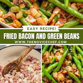 Up close images of green beans that are sautéed in bacon fat with onions and crispy bacon bits in a skillet and an image of a skillet filled with bacon and onions.