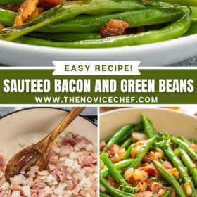 Green beans with bacon on a white plate, bacon and onions in a skillet and Up close image of green beans that are sautéed in bacon fat with onions and crispy bacon bits in a skillet.