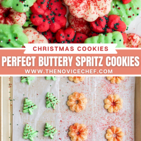 Christmas spritz cookies on a. plate and unbaked spritz cookies on a cookie sheet.
