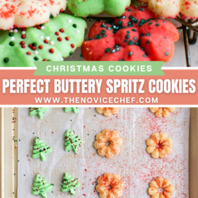 Red and green spritz cookies on a plate and an image of unbaked spritz cookies on parchment with sprinkles.
