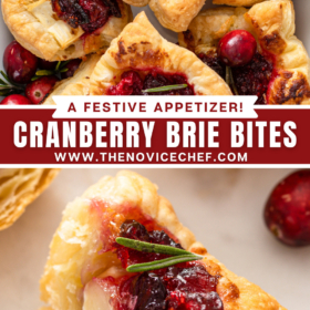 Cranberry brie bites stacked on top of each other and an image of a brie bite sliced in half to show the inside.