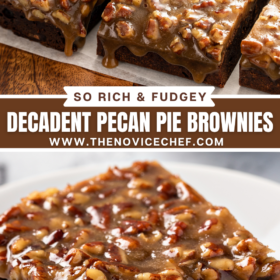 Sliced pecan pie brownies on parchment paper and an unclose view of a brownie with pecan pie topping poured on top.