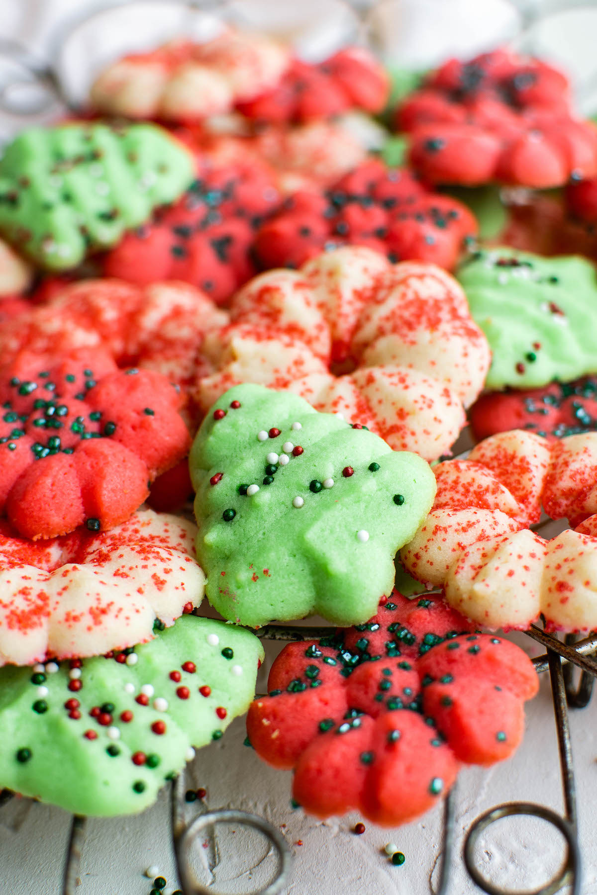 Spritz cookies on a cookie cooling rack!