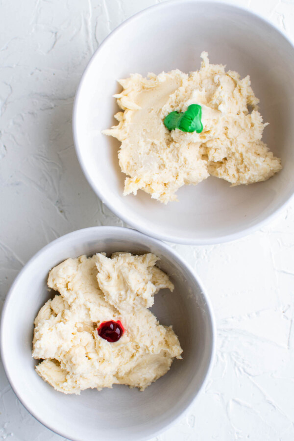 Cookie dough with food coloring added on top.