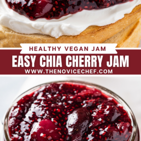 Chia cherry jam spread on top of yogurt on top of toast and an image of chia cherry jam in a mason jar.