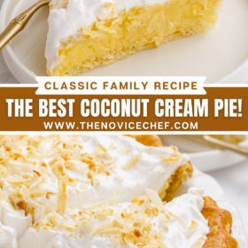 A slice of coconut cream pie on a white plate and a coconut cream pie in a white pie dish.