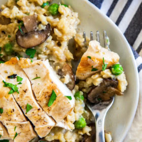 Chicken and rice on a plate with a fork picking up a bite.