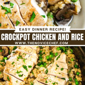 A fork picking up a bite of rice and chicken on a plate and chicken and rice in a crockpot.