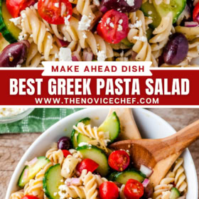 Up close image of greek pasta salad with feta cheese on top and an image of greek pasta salad in a white bowl with two wooden spoons.