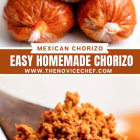 Mexican chorizo wrapped in Saran Wrap stacked on top of each other and a spoonful holding cooked chorizo.