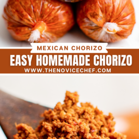 Mexican chorizo wrapped in Saran Wrap stacked on top of each other and a spoonful holding cooked chorizo.