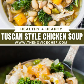 Up close image of a bowl of chicken and vegetable soup in a white bowl with a spoon and a ladle scooping up a cup of soup.
