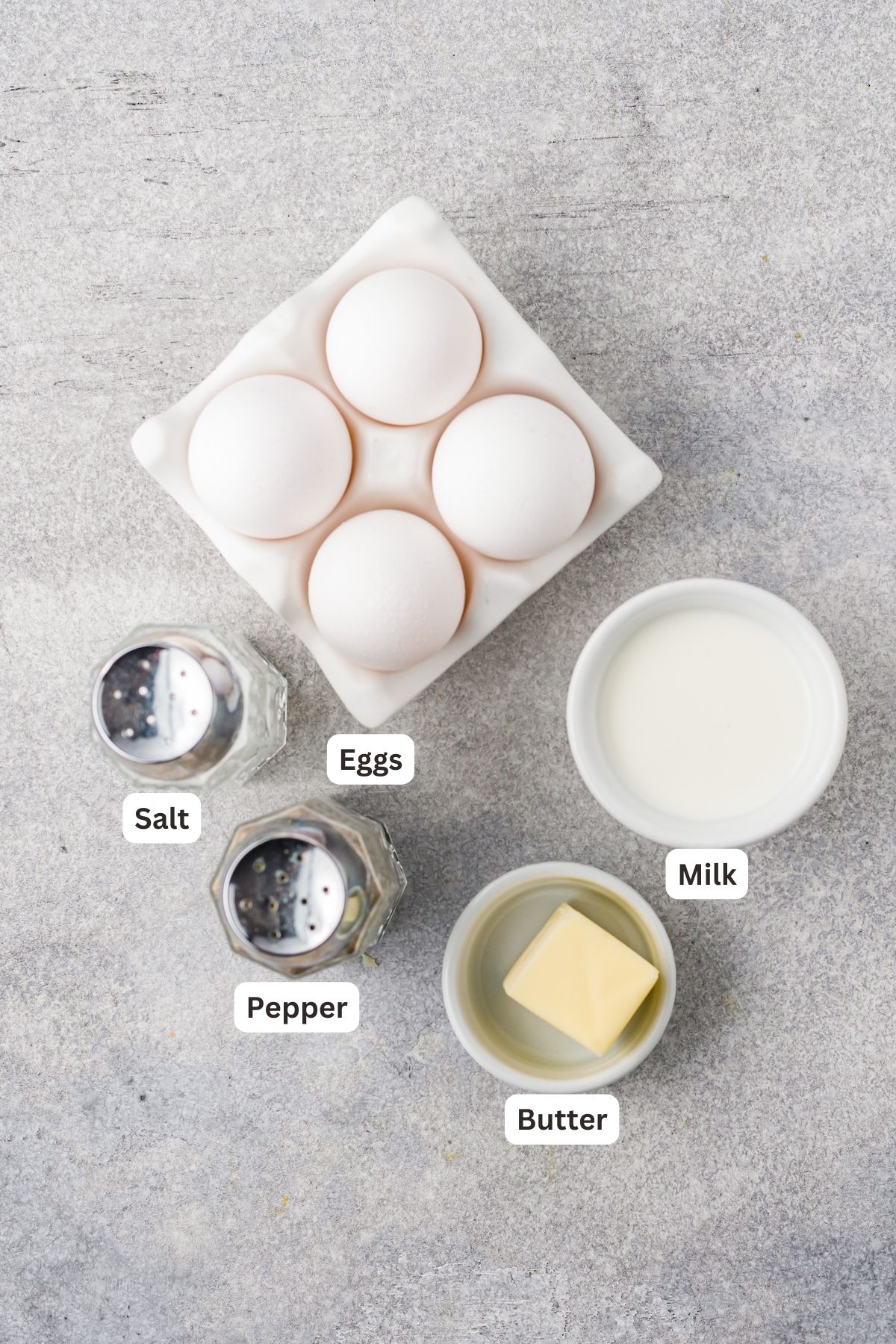 Ingredients for Air Fryer Scrambled Eggs recipe.