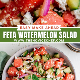 Up close image of watermelon with feta and red onion and an image of a large bowl of watermelon feta salad with two spoons.