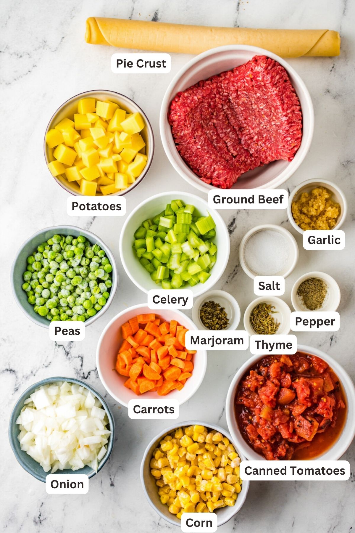 Ingredients for Easy Beef Pot Pie Recipe.