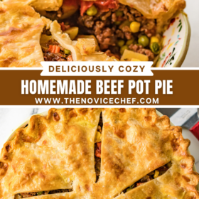 A slice of beef pot pie being taken out of a pie dish and an overhead image of beef pot pie.