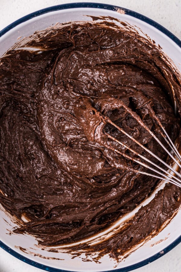 Brownie batter in a bowl.