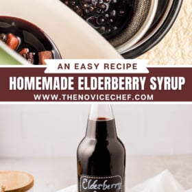 Elderberries being strained out of fluid and a bottle of elderberry syrup with cinnamon sticks and ginger.