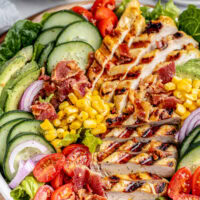 Overhead shot of salad with chicken.