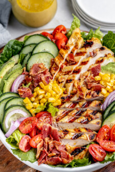 Overhead shot of salad with chicken.