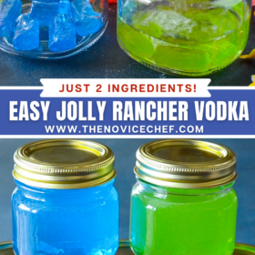 Vodka being poured into jars with jolly ranchers and an image of jolly rancher infused vodka stacked on top of each other.