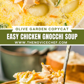 Up close image of chicken and gnocchi soup in a bowl and an image of a ladle scooping up a serving of chicken and gnocchi soup from a pot.