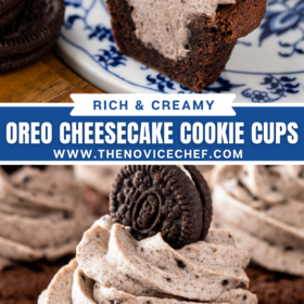 A cookie cup sliced in half to show the filling and A chocolate cookie cup filled with Oreo cheesecake filling with a mini Oreo on top.