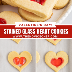 Stained Glass Heart Cookies on a white plate and unbaked cookies with candy in the center and then baked cookies with melted candy center.