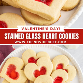 Up close image of Stained Glass Heart Cookies on a white plate and a bunch of Valentine's Day cookies tacked on top of each other.