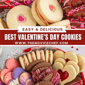Up close image of Valentine's Day cookies and all kinds of Valentine's Day cookies in a red tin.