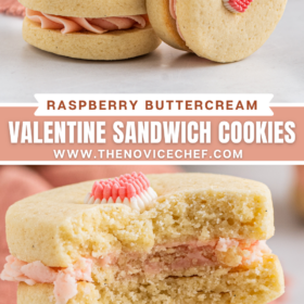 Valentine's Day sandwich cookies stacked on top of each other and a cookie with a bite taken out of it.