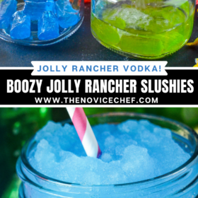 Jars filed with jolly ranchers with vodka being poured into it and a vodka Slushies with a pink straw.
