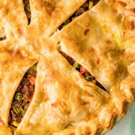 Overhead view of a beef pot pie.